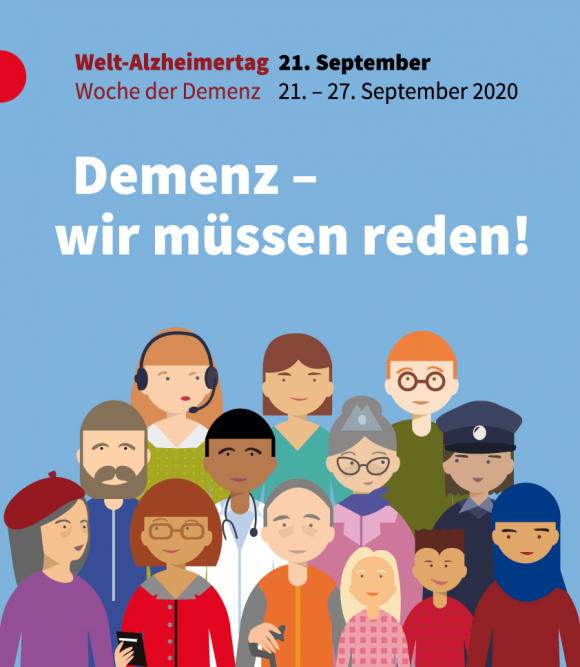 Eine vielfältige Gruppe von Menschen steht zusammen und zeigt Unterstützung für den Welt-Alzheimer-Tag mit dem Motto „Demenz – wir müssen reden!“.