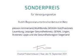 Urkunde für den MSD Gesundheitspreis 2021, Sonderpreis für innovative Versorgungsnetze, unterzeichnet von Chantal Friebertshäuser.