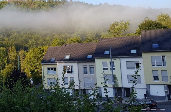 Nebelige Morgenstimmung über den Nachbarschaftshäusern, umgeben von grünen Bäumen und sanften Hügeln.
