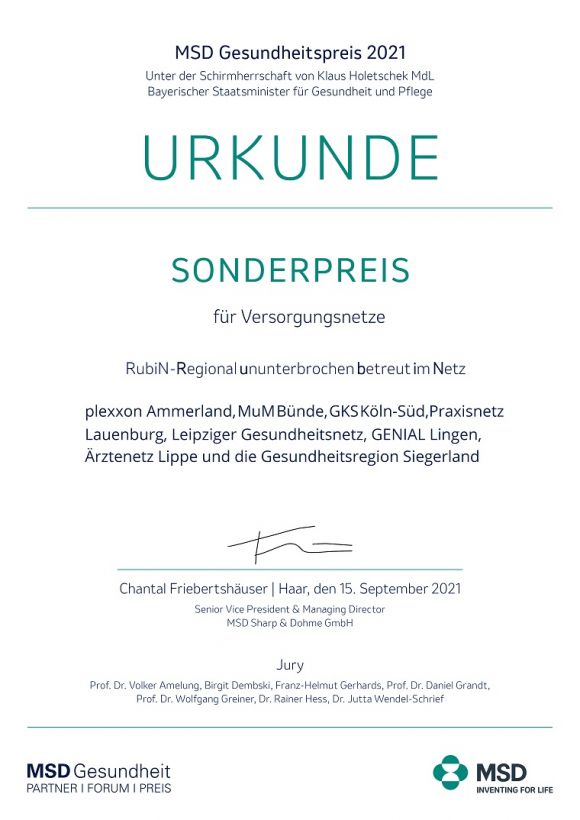 Urkunde für den MSD Gesundheitspreis 2021, Sonderpreis für innovative Versorgungsnetze, unterzeichnet von Chantal Friebertshäuser.