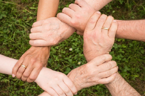 Verschiedene Hände greifen ineinander, auf einer Wiese.