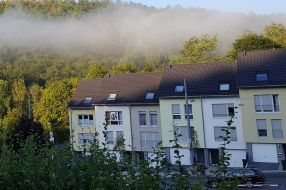 Nebelige Morgenstimmung über den Nachbarschaftshäusern, umgeben von grünen Bäumen und sanften Hügeln.