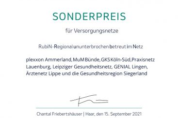 Urkunde für den MSD Gesundheitspreis 2021, Sonderpreis für innovative Versorgungsnetze, unterzeichnet von Chantal Friebertshäuser.