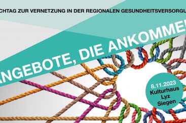 Ein buntes Netzwerk aus Seilen symbolisiert die regionale Gesundheitsversorgung, mit einem Datum für die Veranstaltung am 8.11.2023.